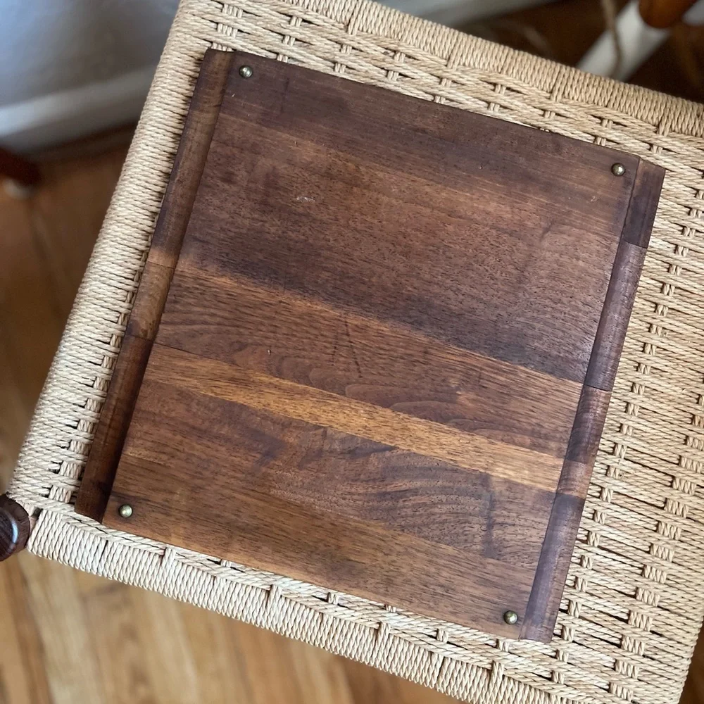 Vintage MCM Wood Serving Tray w Metal Inlay Cornucopia Harvest 12x12 Boho Decor
